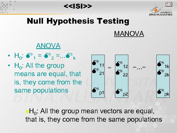 <<ISI>> Null Hypothesis Testing MANOVA • H 0: M 1 = M 2 =.