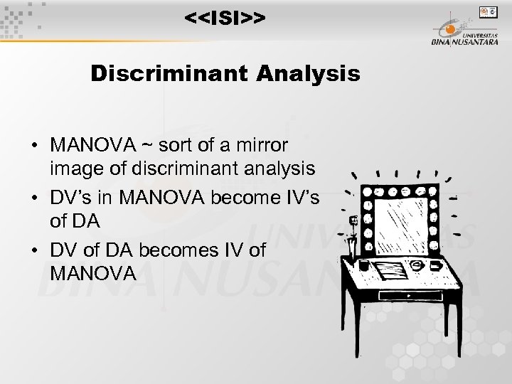 <<ISI>> Discriminant Analysis • MANOVA ~ sort of a mirror image of discriminant analysis