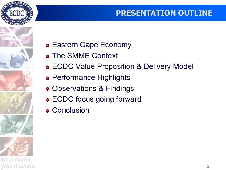 PRESENTATION OUTLINE Eastern Cape Economy The SMME Context ECDC Value Proposition & Delivery Model