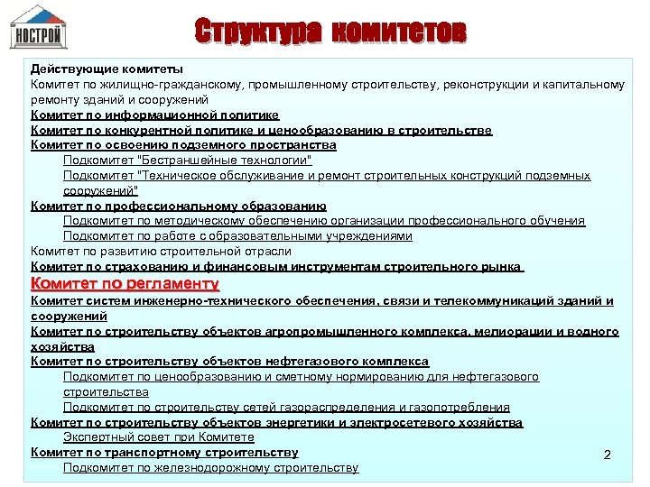 Структура комитетов Действующие комитеты Комитет по жилищно-гражданскому, промышленному строительству, реконструкции и капитальному ремонту зданий