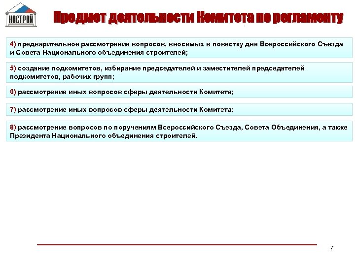 Предмет деятельности Комитета по регламенту 4) предварительное рассмотрение вопросов, вносимых в повестку дня Всероссийского