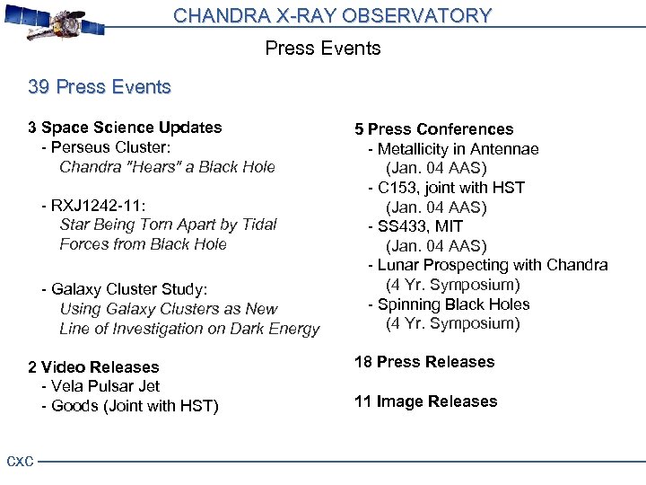 CHANDRA X-RAY OBSERVATORY Press Events 39 Press Events 3 Space Science Updates - Perseus