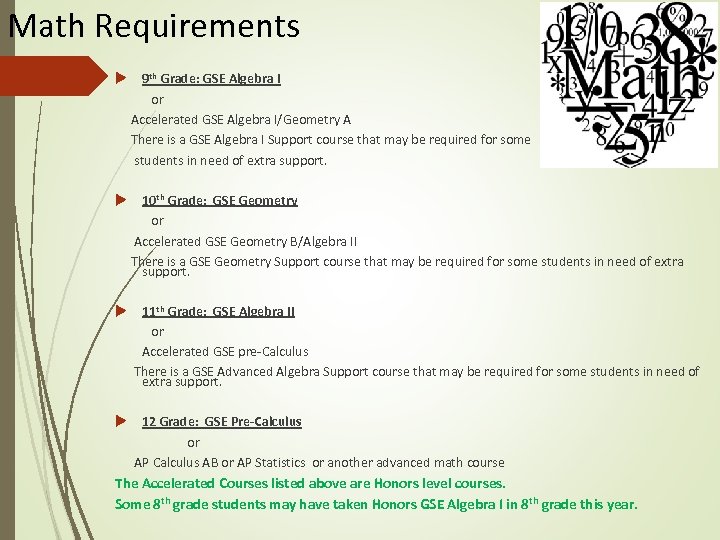 Math Requirements 9 th Grade: GSE Algebra I or Accelerated GSE Algebra I/Geometry A