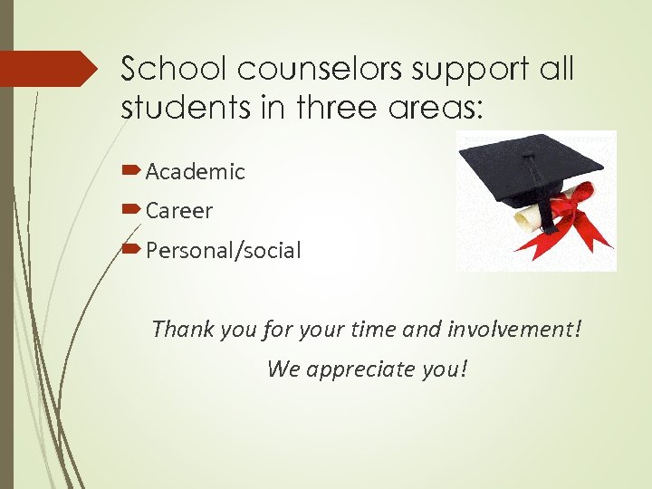 School counselors support all students in three areas: Academic Career Personal/social Thank you for