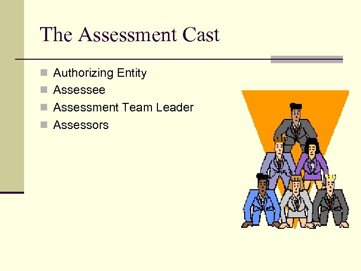 The Assessment Cast n Authorizing Entity n Assessee n Assessment Team Leader n Assessors