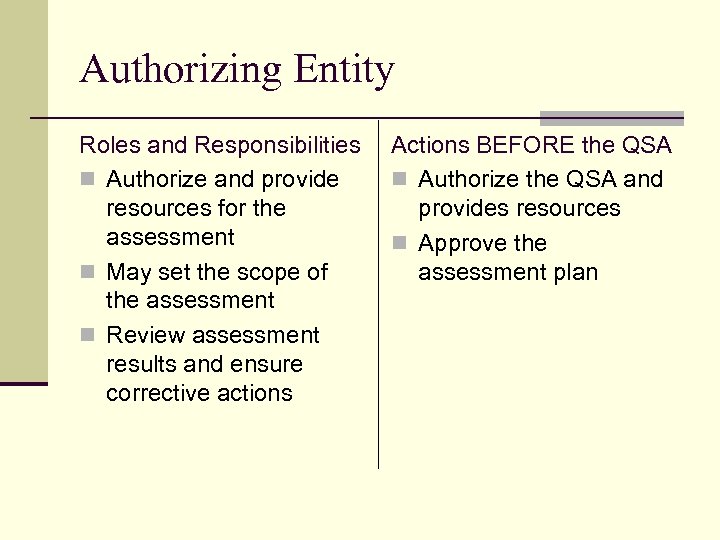 Authorizing Entity Roles and Responsibilities n Authorize and provide resources for the assessment n