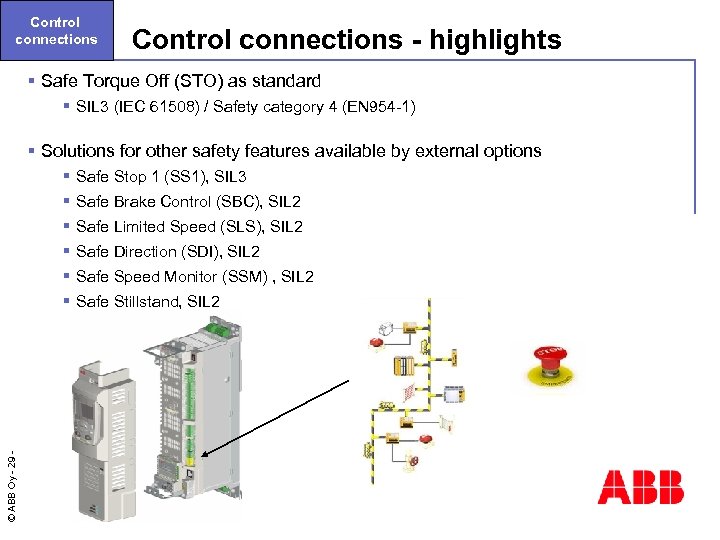 Control connections - highlights § Safe Torque Off (STO) as standard § SIL 3
