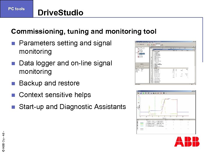 PC tools Drive. Studio Commissioning, tuning and monitoring tool Parameters setting and signal monitoring