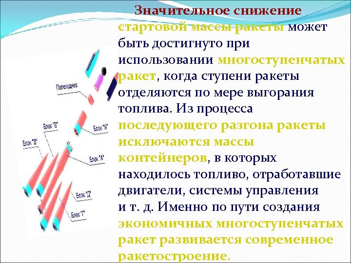  Значительное снижение стартовой массы ракеты может быть достигнуто при использовании многоступенчатых ракет, когда