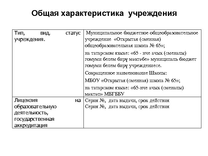 Общая характеристика учреждения Тип, вид, учреждения. Лицензия образовательную деятельность, государственная аккредитация статус Муниципальное бюджетное