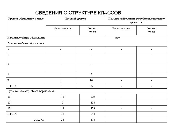 СВЕДЕНИЯ О СТРУКТУРЕ КЛАССОВ Уровень образования / класс Базовый уровень Число классов Профильный уровень