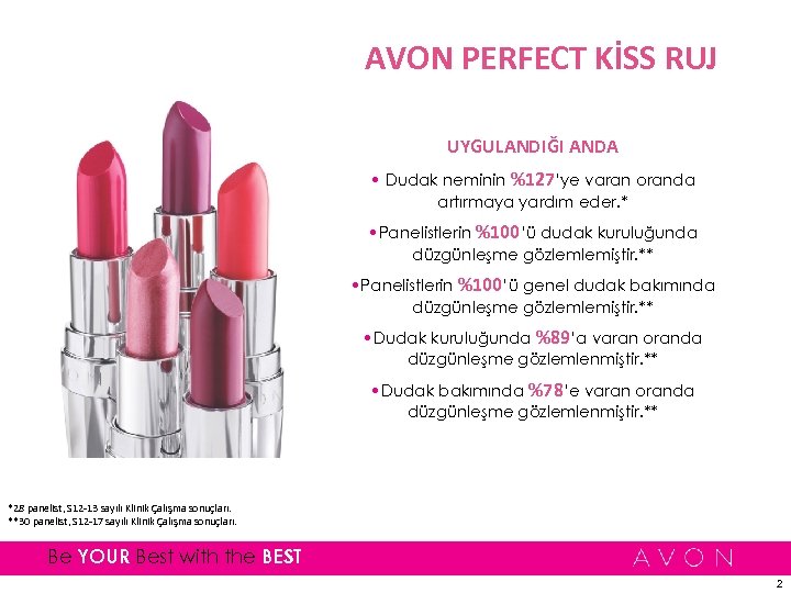 AVON PERFECT KİSS RUJ UYGULANDIĞI ANDA • Dudak neminin %127’ye varan oranda artırmaya yardım