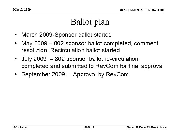 March 2009 doc. : IEEE 802. 15 -08 -0253 -00 Ballot plan • March