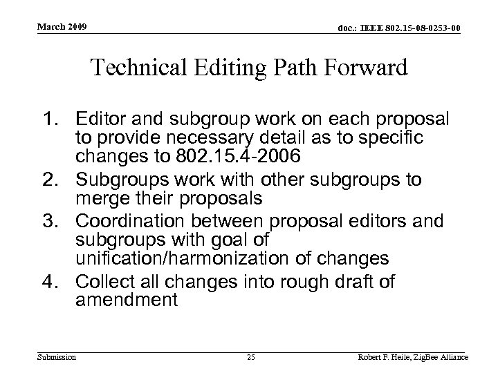 March 2009 doc. : IEEE 802. 15 -08 -0253 -00 Technical Editing Path Forward