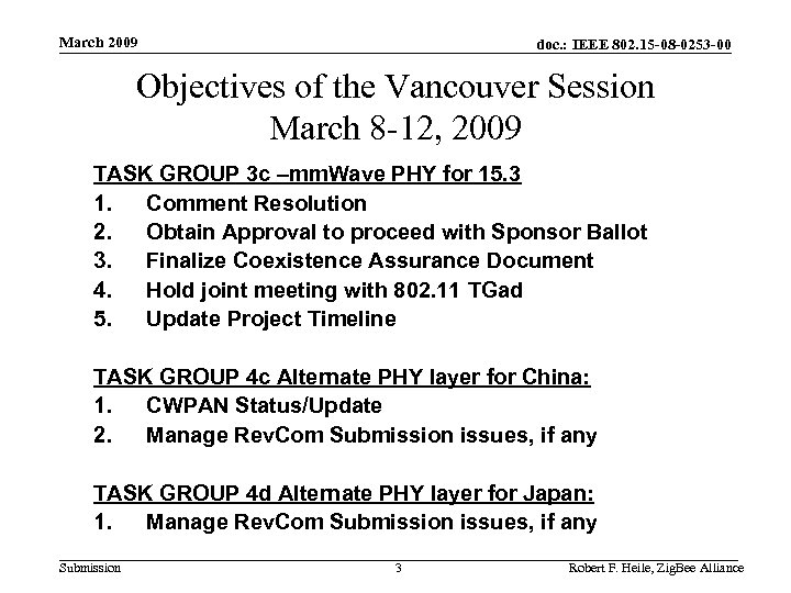 March 2009 doc. : IEEE 802. 15 -08 -0253 -00 Objectives of the Vancouver