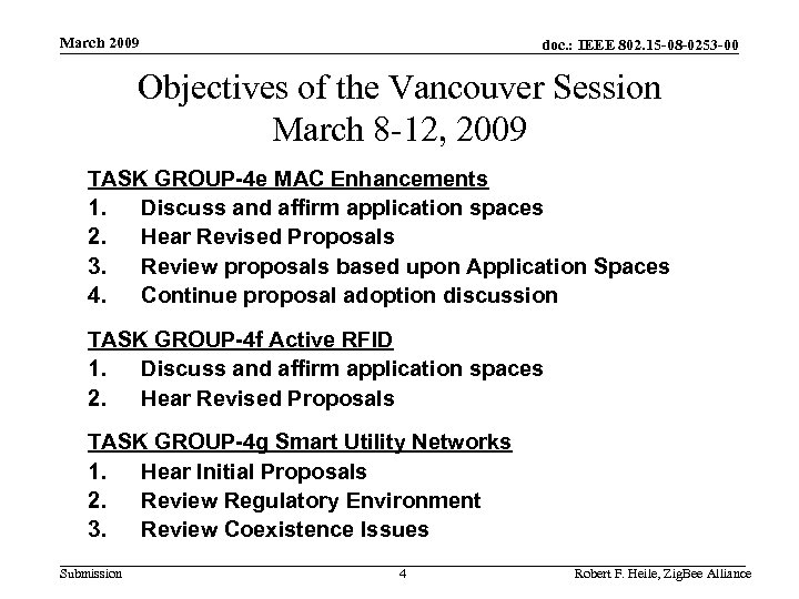 March 2009 doc. : IEEE 802. 15 -08 -0253 -00 Objectives of the Vancouver