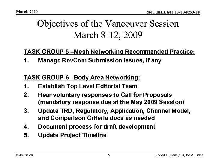 March 2009 doc. : IEEE 802. 15 -08 -0253 -00 Objectives of the Vancouver
