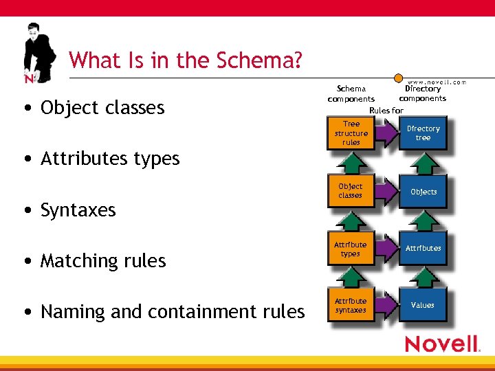 What Is in the Schema? • Object classes • Attributes types • Syntaxes •