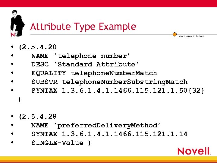 Attribute Type Example • (2. 5. 4. 20 • NAME ‘telephone number’ • DESC