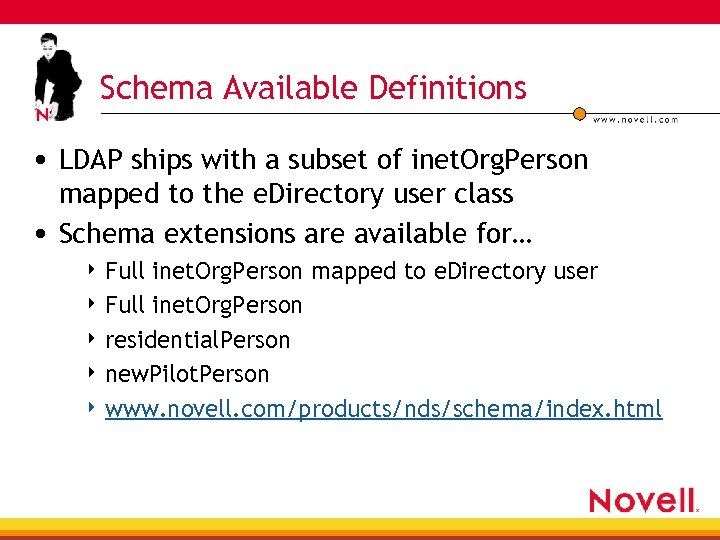 Schema Available Definitions • LDAP ships with a subset of inet. Org. Person mapped