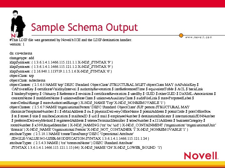 Sample Schema Output #This LDIF file was generated by Novell's ICE and the LDIF