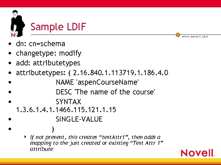 Sample LDIF • • dn: cn=schema changetype: modify add: attributetypes: ( 2. 16. 840.