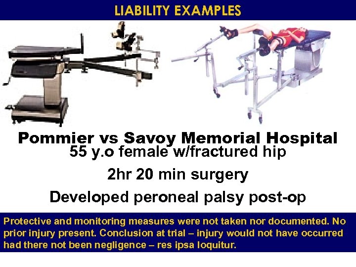 LIABILITY EXAMPLES Pommier vs Savoy Memorial Hospital 55 y. o female w/fractured hip 2