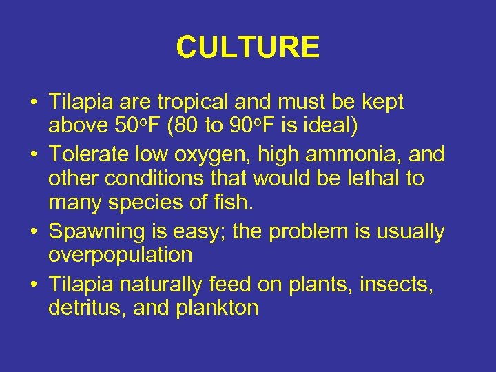 CULTURE • Tilapia are tropical and must be kept above 50 o. F (80