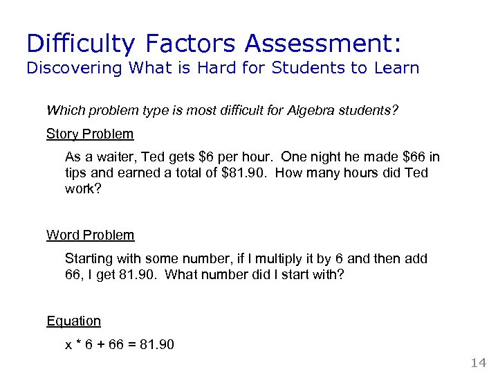 Difficulty Factors Assessment: Discovering What is Hard for Students to Learn Which problem type