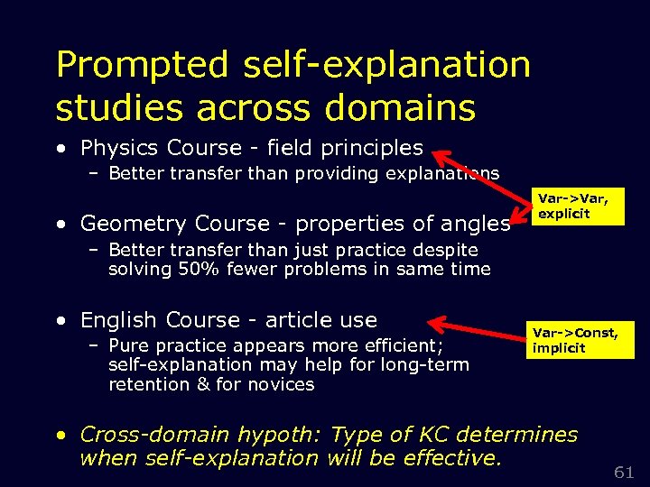 Prompted self-explanation studies across domains • Physics Course - field principles – Better transfer