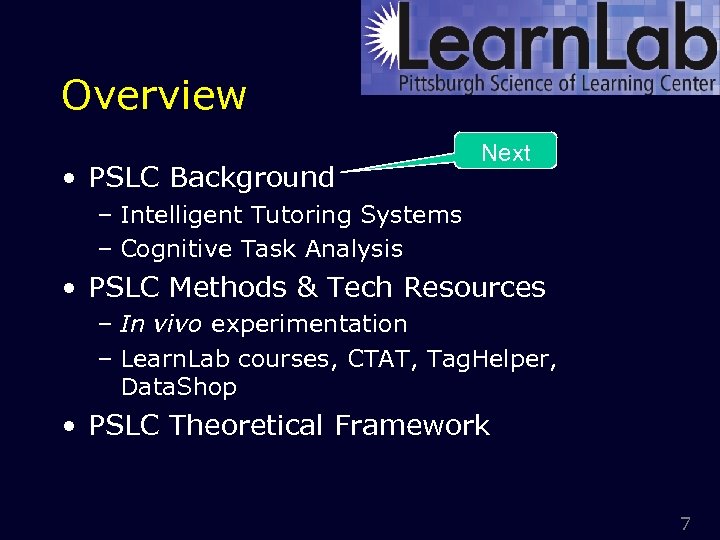 Overview • PSLC Background Next – Intelligent Tutoring Systems – Cognitive Task Analysis •