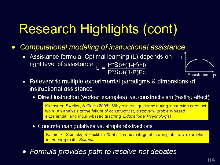 Research Highlights (cont) · Computational modeling of instructional assistance · Assistance formula: Optimal learning