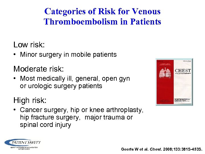 Categories of Risk for Venous Thromboembolism in Patients Low risk: • Minor surgery in