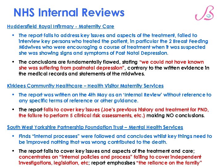 NHS Internal Reviews Huddersfield Royal Infirmary - Maternity Care • The report fails to