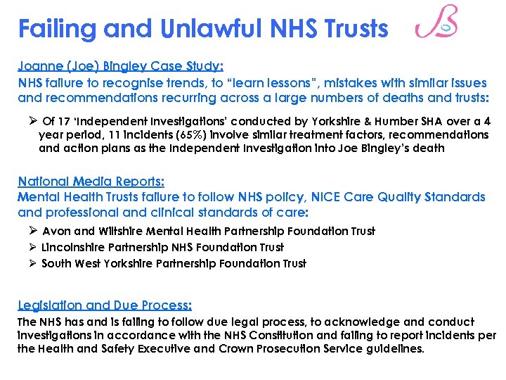 Failing and Unlawful NHS Trusts Joanne (Joe) Bingley Case Study: NHS failure to recognise
