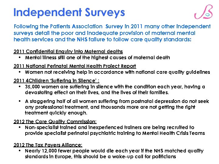 Independent Surveys Following the Patients Association Survey in 2011 many other independent surveys detail