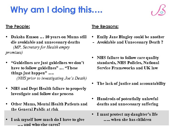 Why am I doing this…. The People: The Reasons: • Daksha Emson … 10