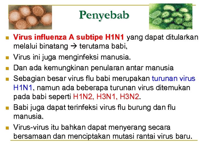 Penyebab n n n Virus influenza A subtipe H 1 N 1 yang dapat
