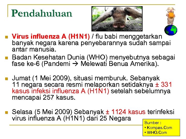 Pendahuluan n n Virus influenza A (H 1 N 1) / flu babi menggetarkan