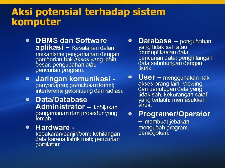 Aksi potensial terhadap sistem komputer DBMS dan Software aplikasi – Kesalahan dalam Database –