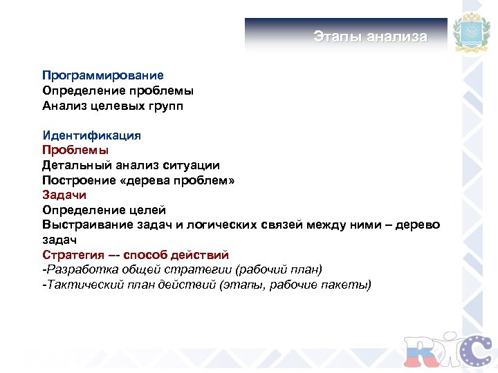 Этапы анализа Программирование Определение проблемы Анализ целевых групп Идентификация Проблемы Детальный анализ ситуации Построение