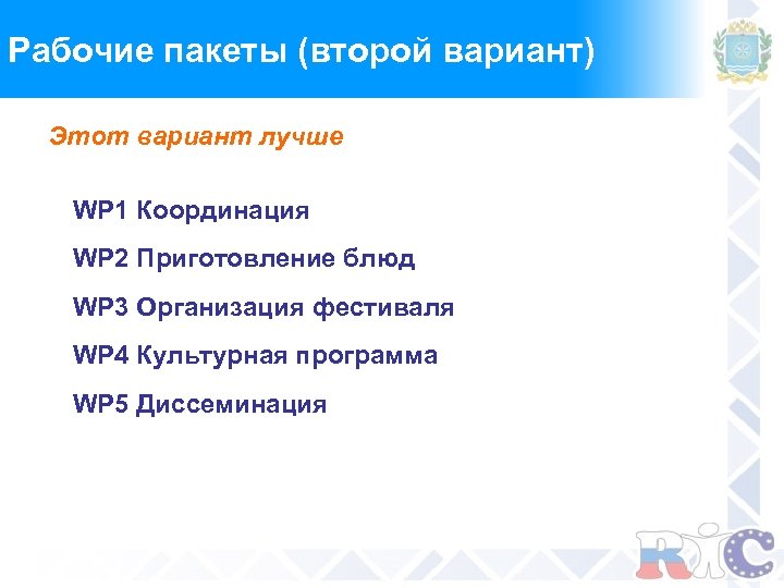 Рабочие пакеты (второй вариант) Этот вариант лучше WP 1 Координация WP 2 Приготовление блюд