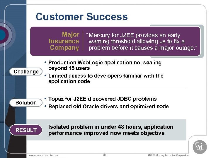 Customer Success Major Insurance Company “ Mercury for J 2 EE provides an early