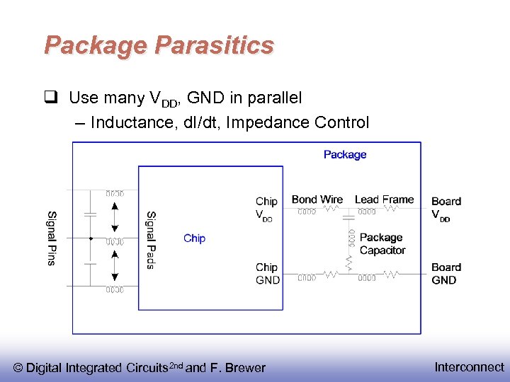 Package Parasitics Use many VDD, GND in parallel – Inductance, d. I/dt, Impedance Control