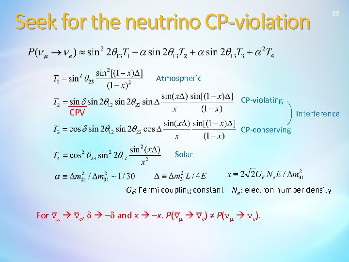 Seek for the neutrino CP-violation 29 Atmospheric CP-violating CPV Interference CP-conserving Solar GF: Fermi