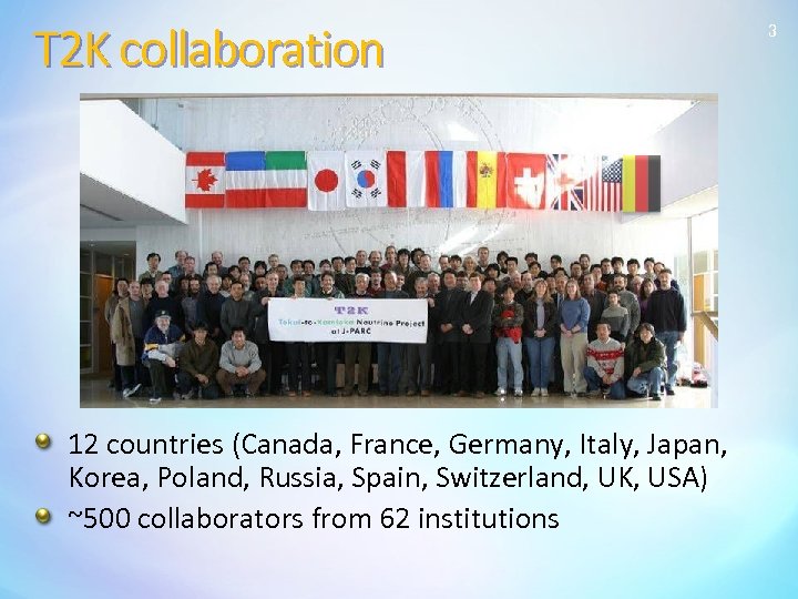 T 2 K collaboration 12 countries (Canada, France, Germany, Italy, Japan, Korea, Poland, Russia,