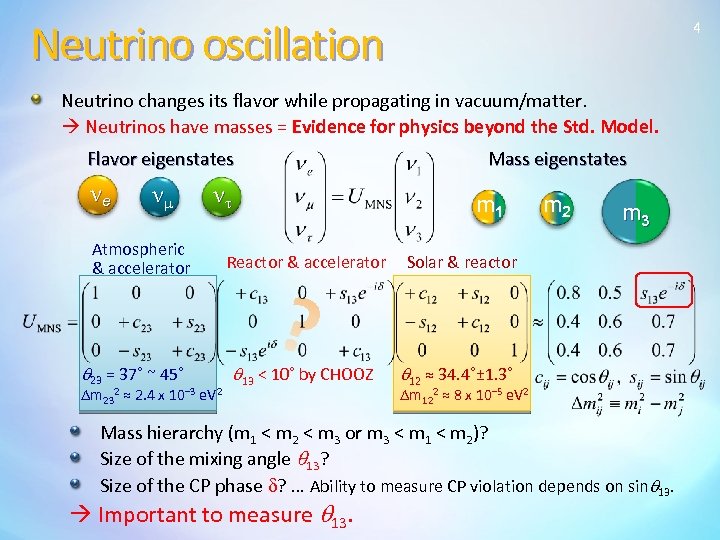 Neutrino oscillation 4 Neutrino changes its flavor while propagating in vacuum/matter. Neutrinos have masses