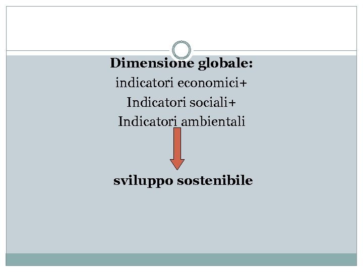 Dimensione globale: indicatori economici+ Indicatori sociali+ Indicatori ambientali sviluppo sostenibile 