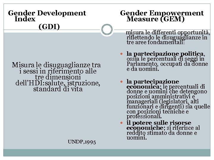 Gender Development Index (GDI) Gender Empowerment Measure (GEM) misura le differenti opportunità, riflettendo le