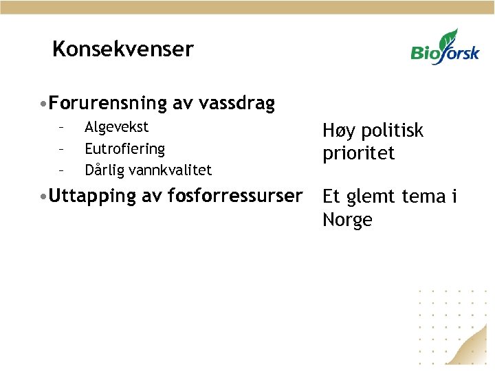 Konsekvenser • Forurensning av vassdrag – – – Algevekst Eutrofiering Dårlig vannkvalitet Høy politisk